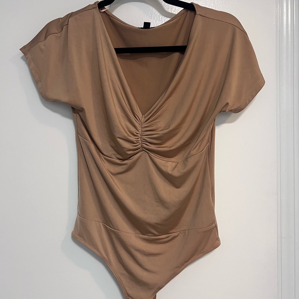 Express Brown Ruched Cap Sleeve Bodysuit